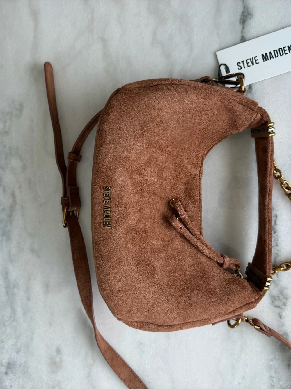 Steve Madden NWT Bpauley 2 Suede Shoulder Bag Latte Brown Gold Chain